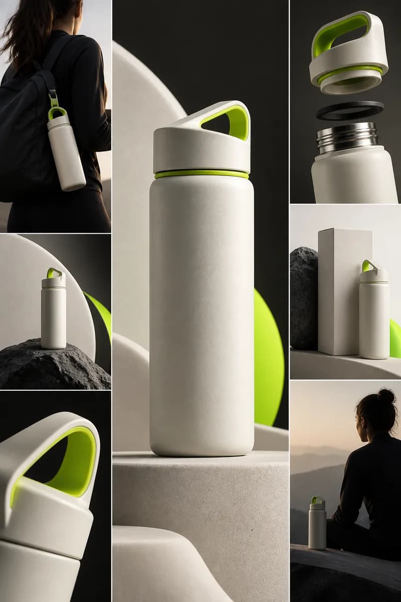 Stylized product campaign composition arranged for multiple social video formats