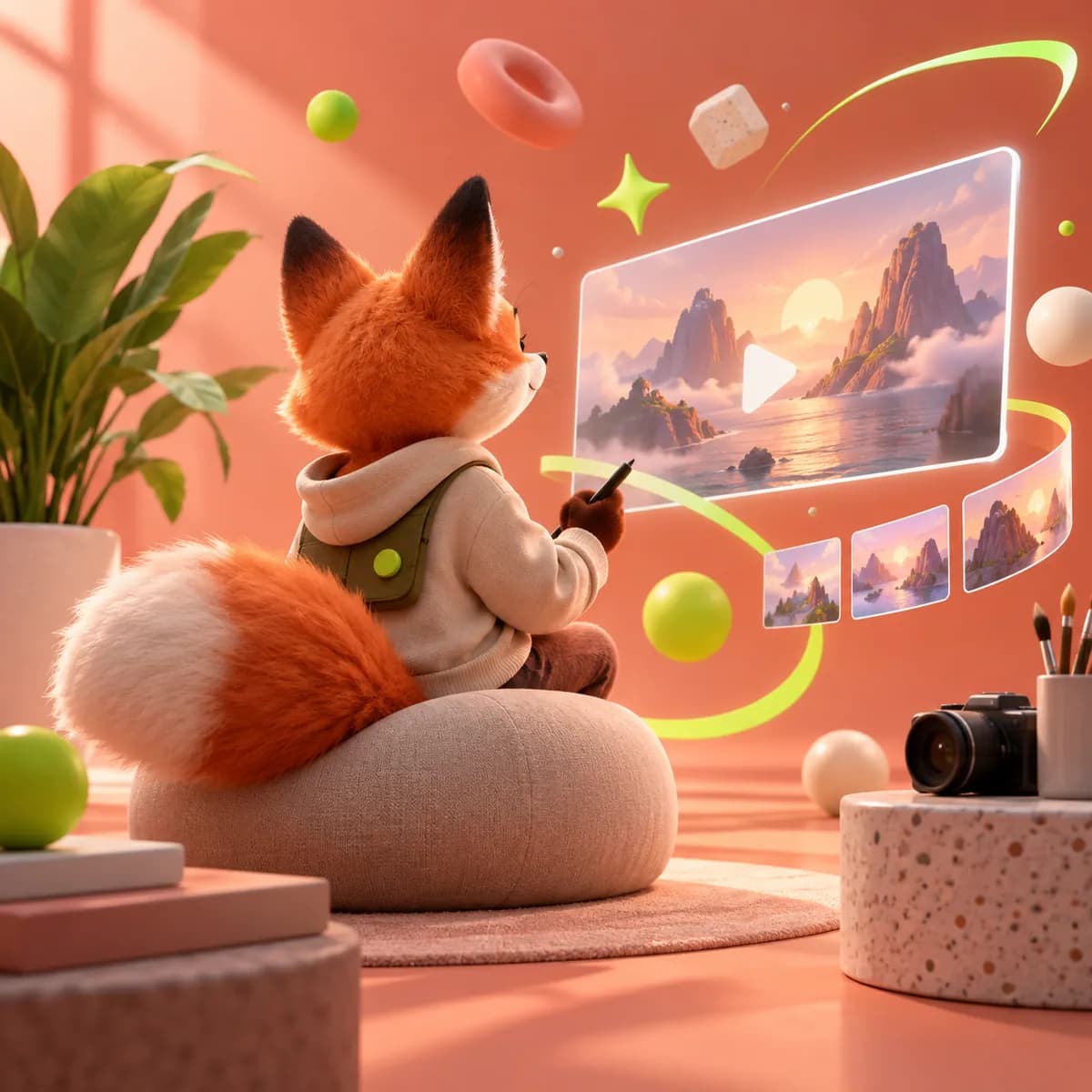 Stylized fox-like creative character surrounded by warm coral and peach color fields