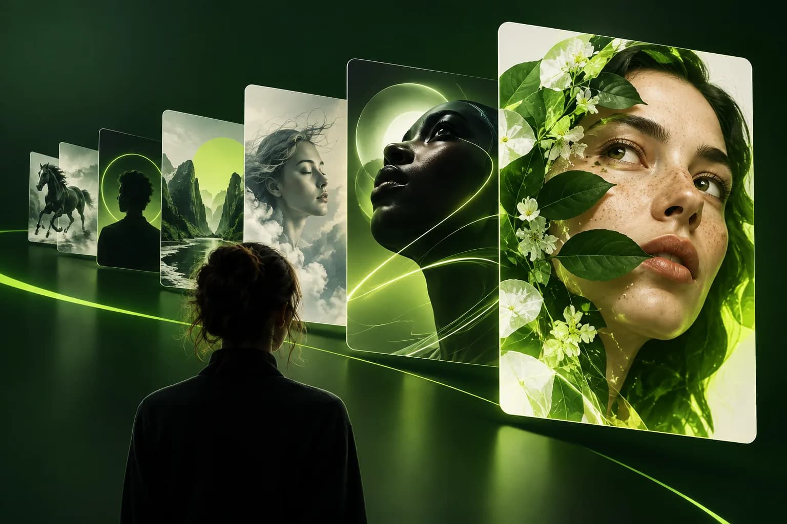Abstract visual showing a creative video generation concept with layered portraits and bright green accents