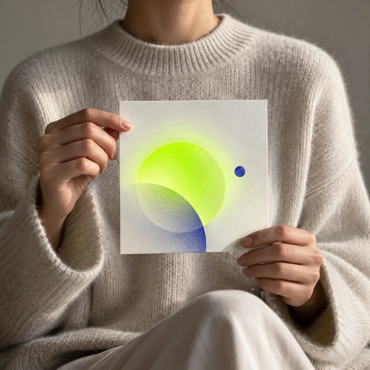 Dark navy abstract recording scene with a cropped colorful-haired creator silhouette