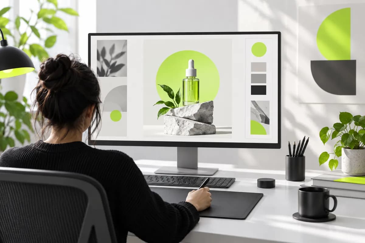 Stylized desktop workspace showing a vertical social advertisement being assembled