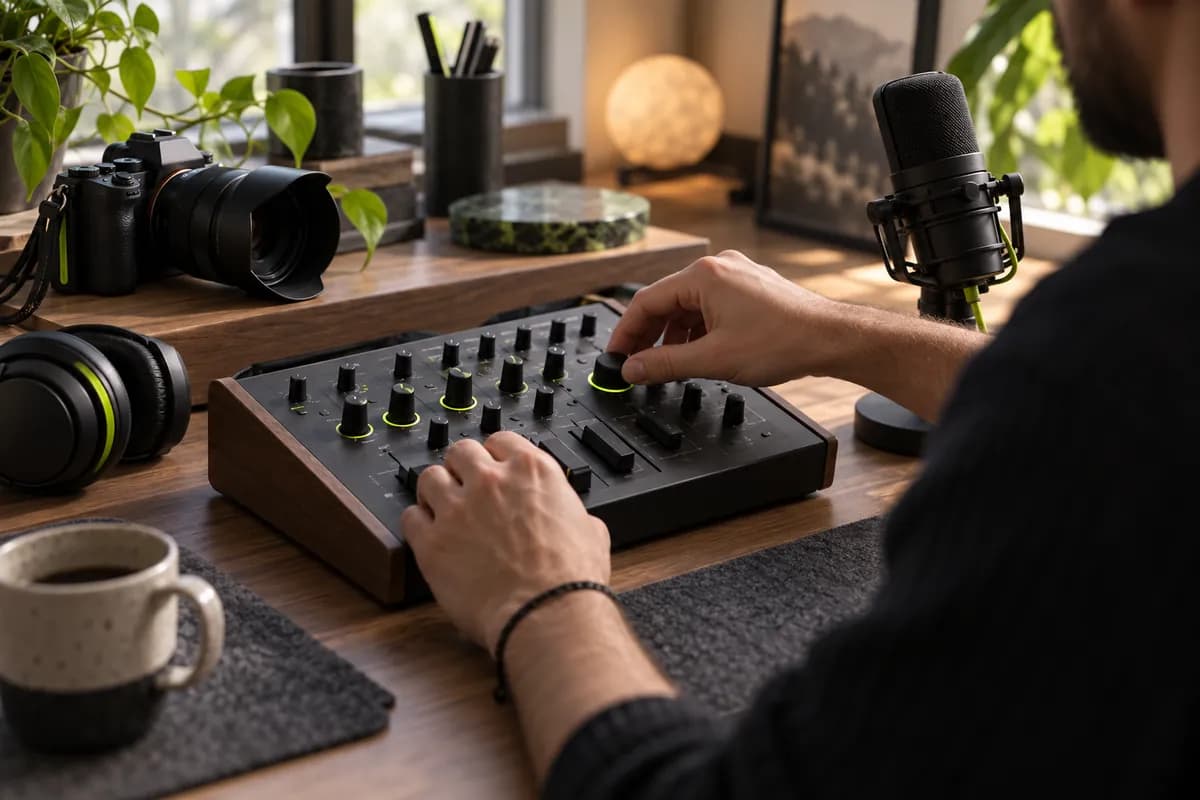 Hands adjusting physical audio controls beside a camera and microphone