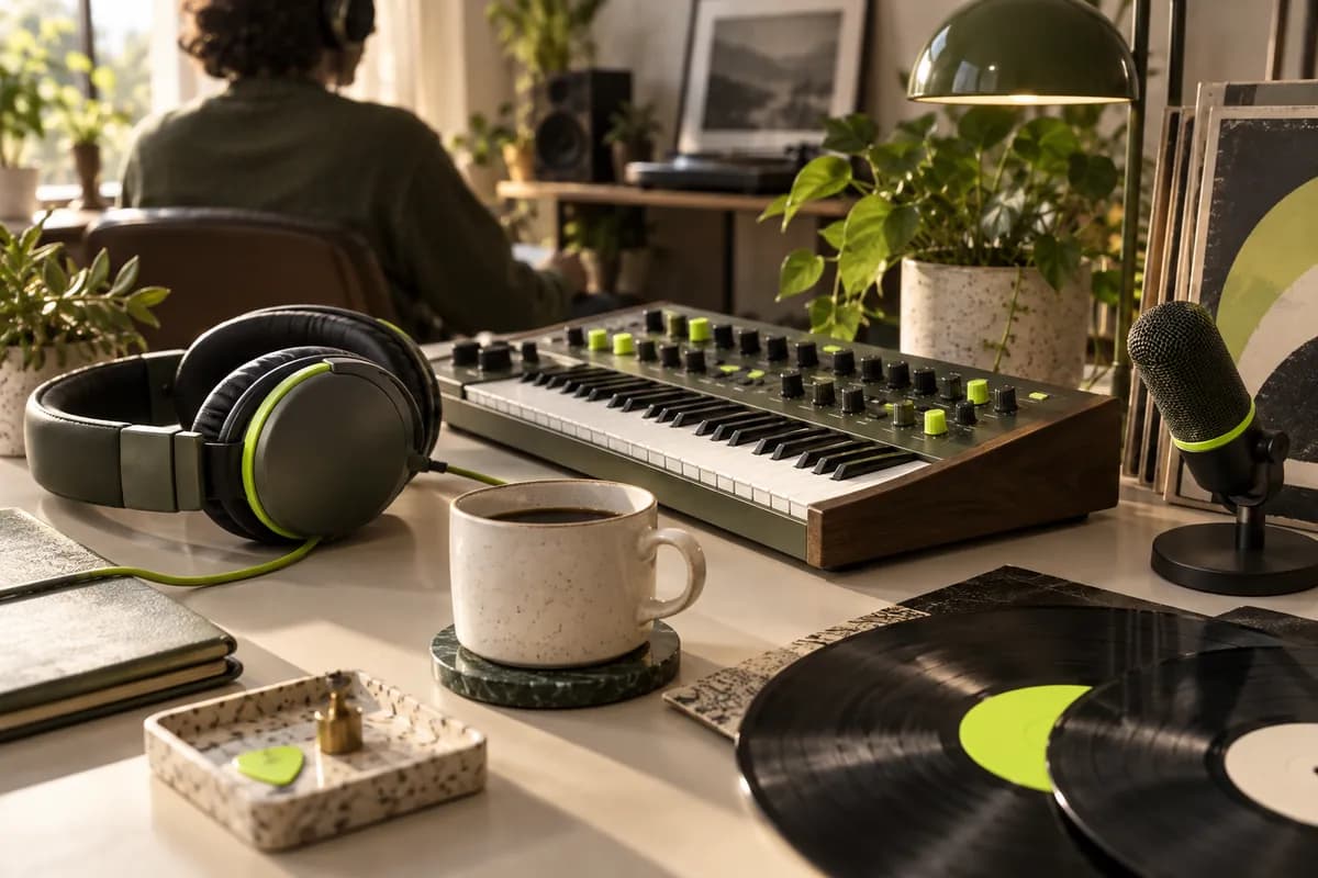 Headphones, compact synthesizer, and vinyl records arranged in a creative music workspace