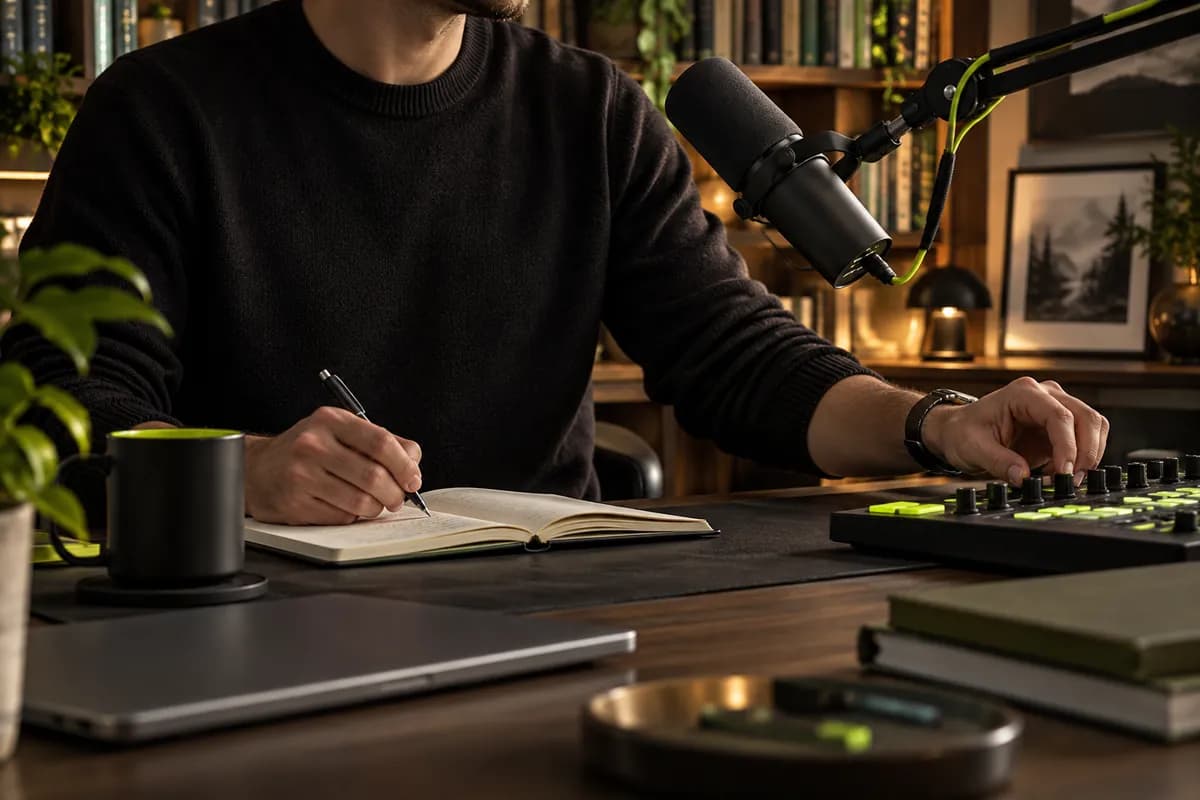 Anonymous creator cropped below the chin recording voice beside a desktop microphone