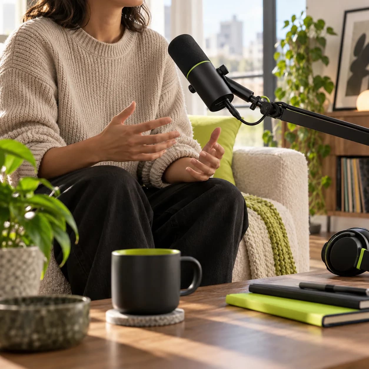 Anonymous audio creator working beside a studio microphone in a warm home workspace