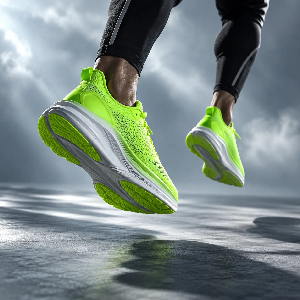 Neon lime running shoes suspended in a dramatic blue-gray studio scene