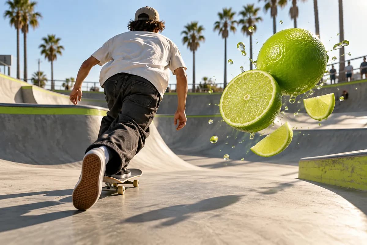 Rear-view skateboarder moving through a bright outdoor skatepark with a lime image card