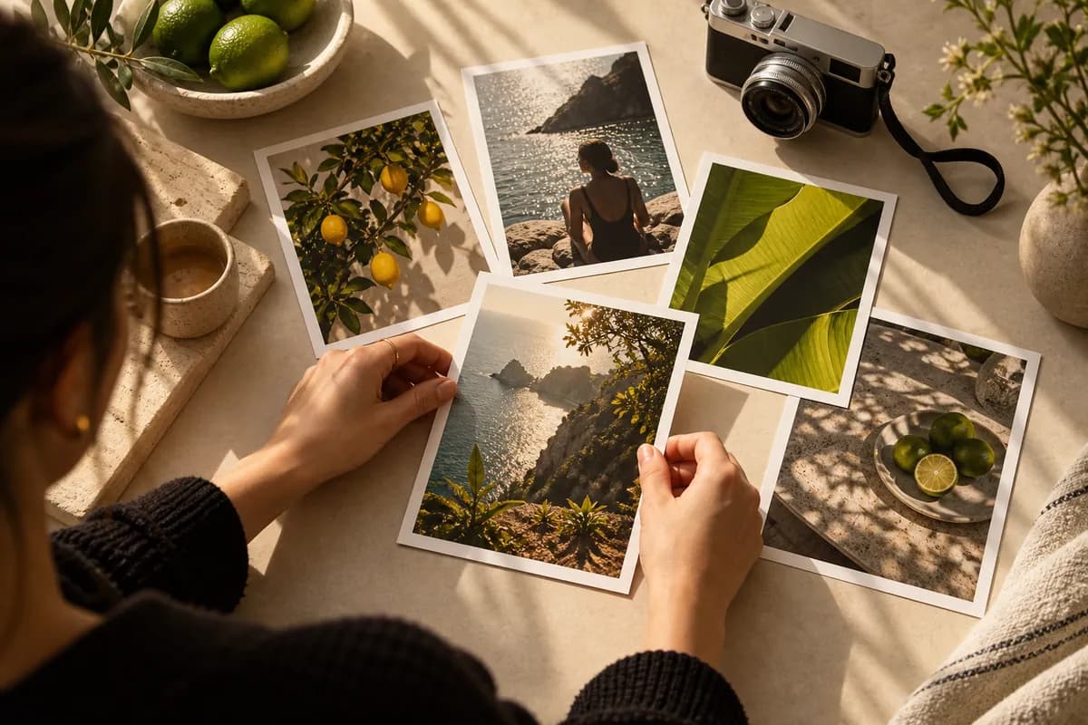 Hands arranging colorful photo cards on a warm tabletop beside a camera