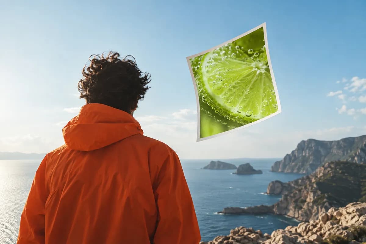 Rear-view creative silhouette beneath a pale blue sky with a floating lime photo print