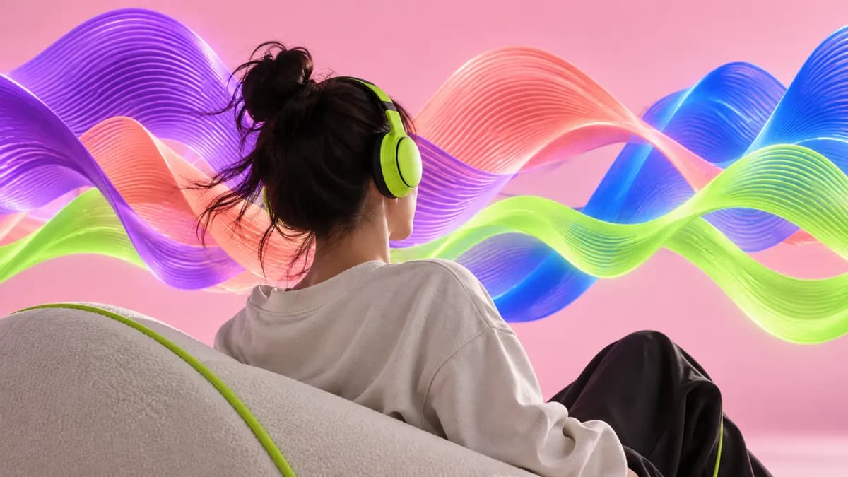 Colorful abstract audio waves over a soft pink studio background