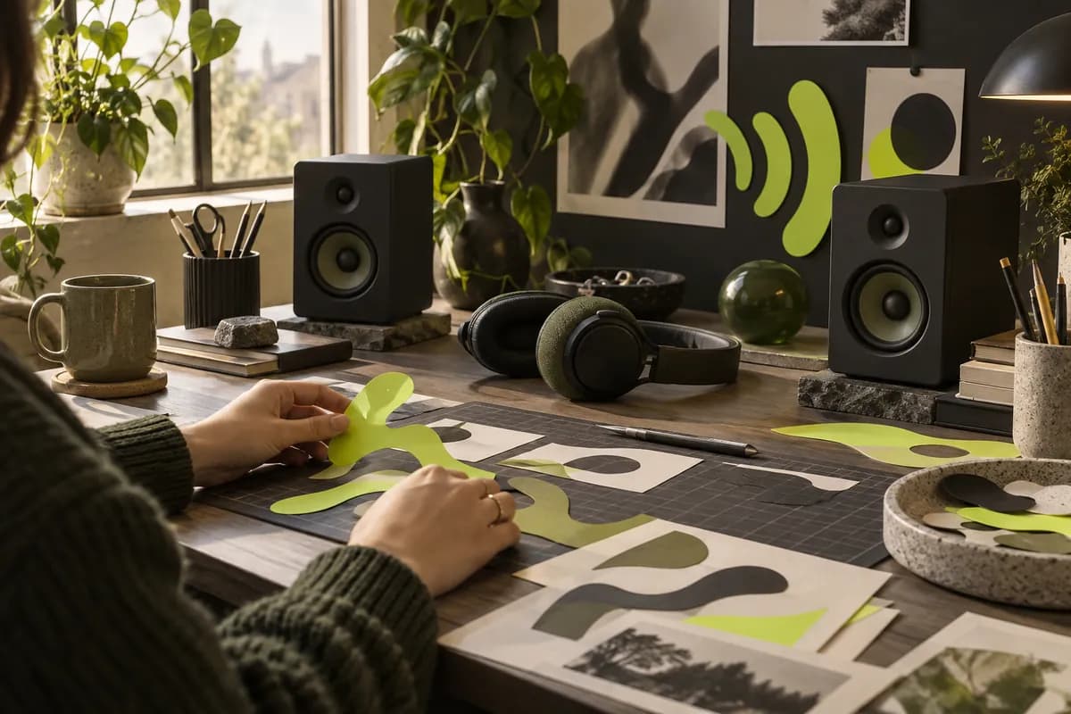 Creative workspace with headphones, speakers, and lime sound shapes