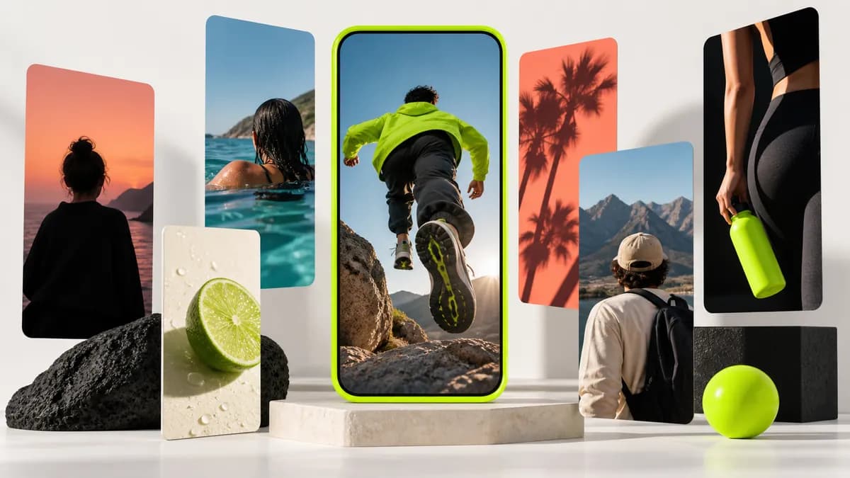 Colorful vertical photo cards arranged around a lime mobile video frame