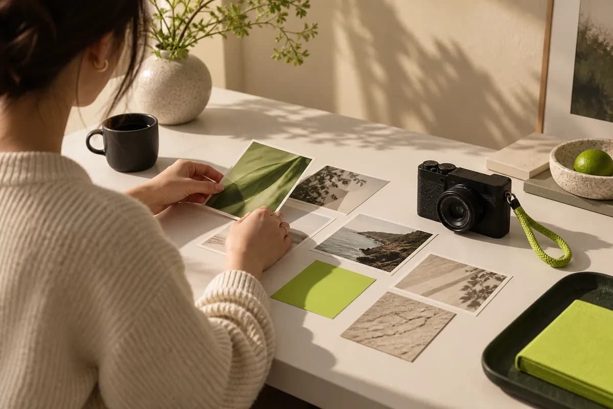 Hands arranging a video campaign concept in a warm creative studio