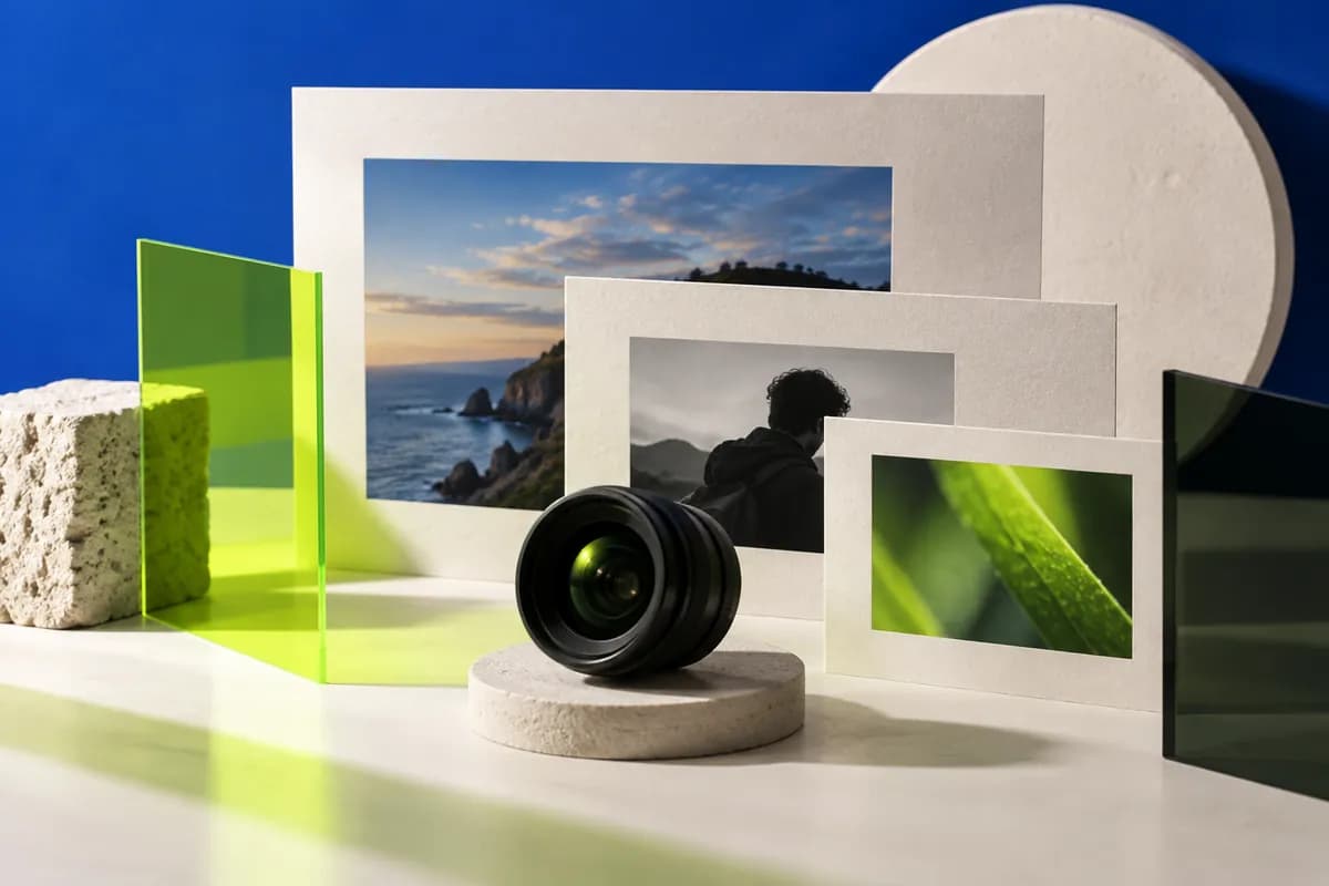 Abstract creative production scene with layered media materials