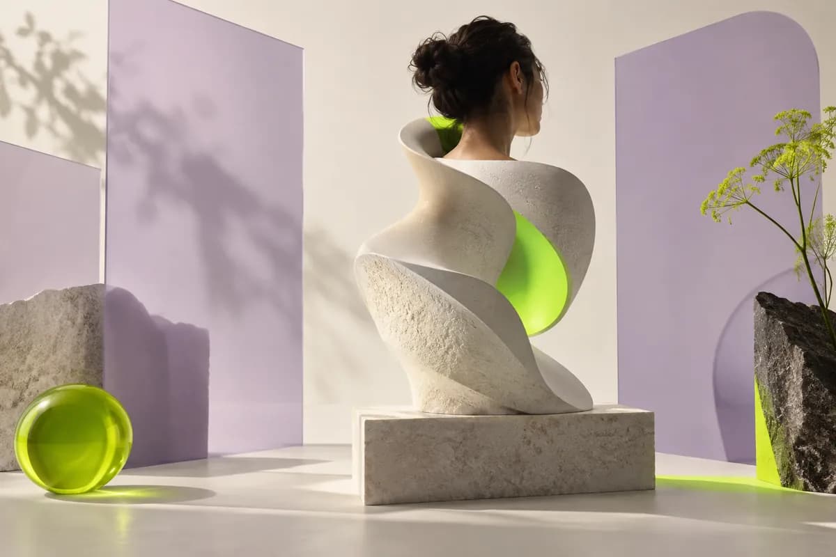 Abstract portrait sculpture surrounded by creative lighting shapes
