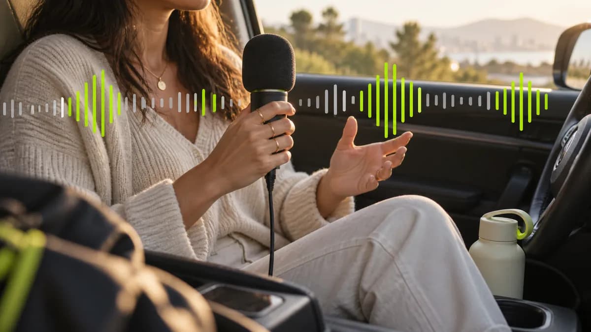 Creator recording a microphone performance inside a car with a waveform illustration