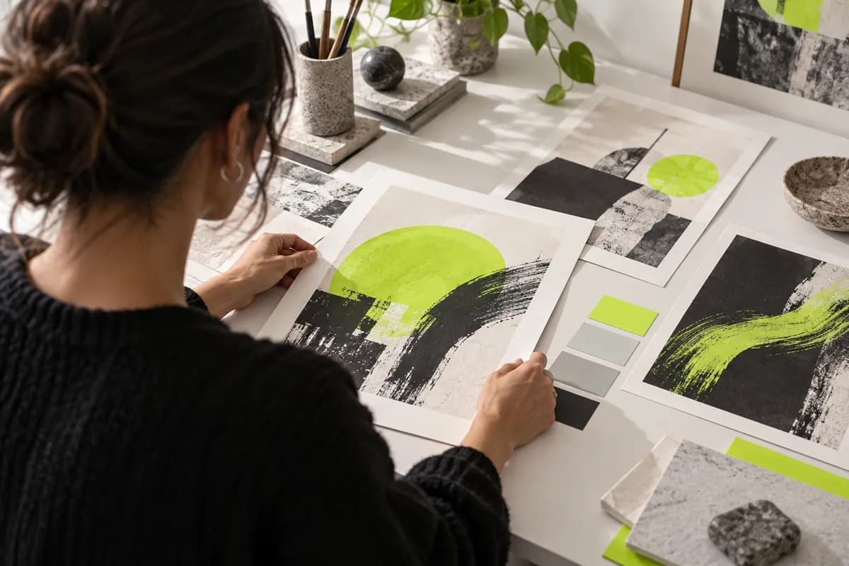 Over-the-shoulder view of a creator arranging abstract artwork on a bright studio desk