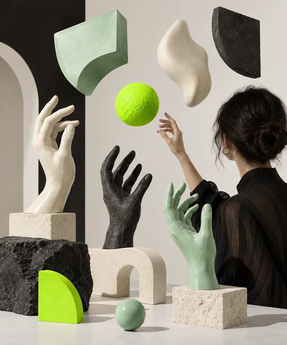 Surreal creative still life with sculptural hands and colorful abstract forms