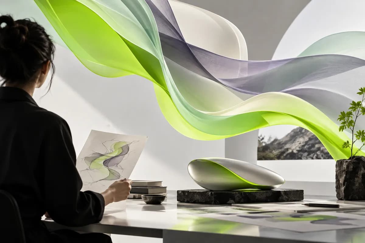 Abstract lime and mint forms suggesting a creative idea becoming a moving image