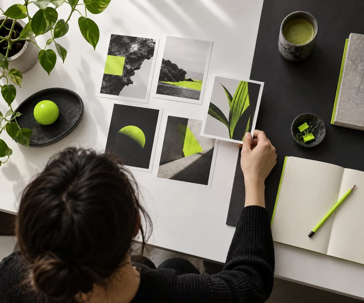 Creative desk with abstract image cards arranged into a simple production sequence