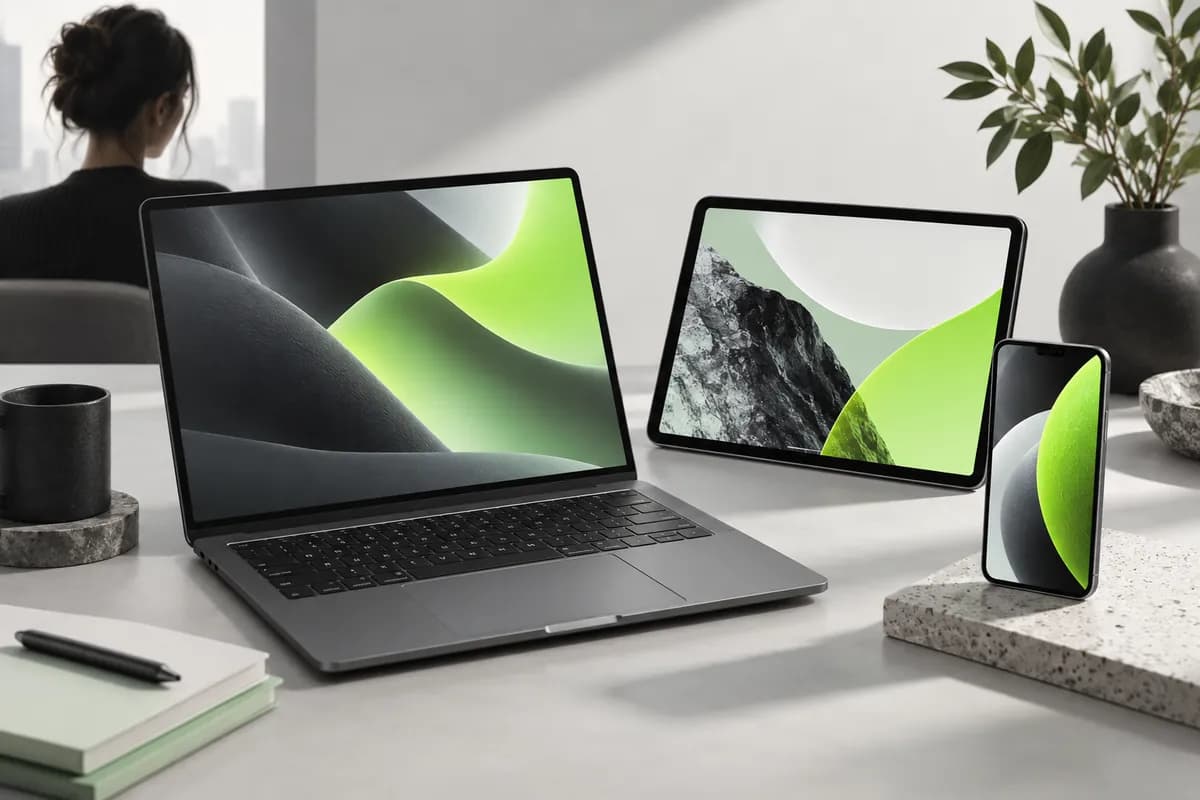 Abstract arrangement of a laptop, tablet, and phone displaying colorful creative canvases