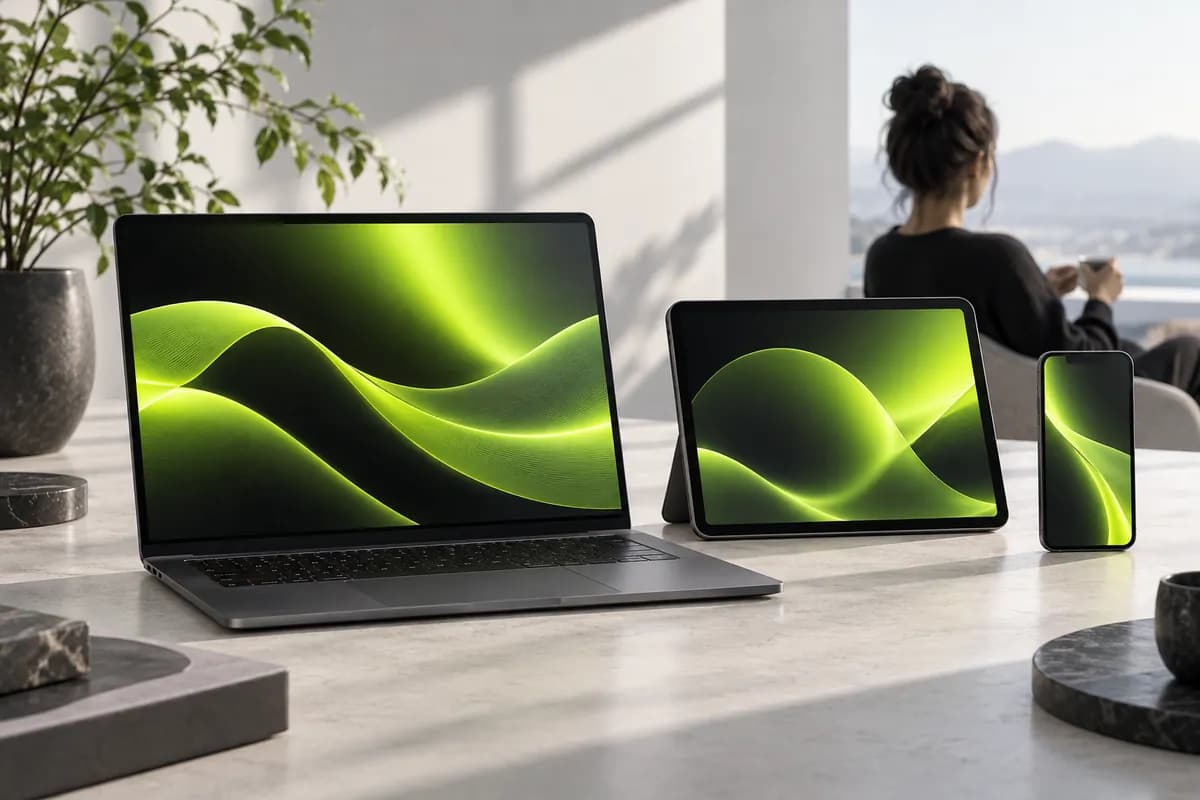 Three unbranded devices displaying abstract colorful video creation visuals