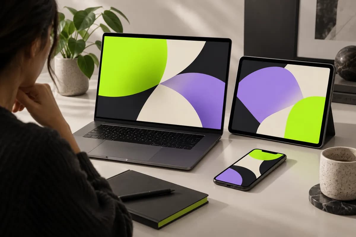Abstract arrangement of a laptop, tablet, and phone displaying colorful Vidione creation surfaces