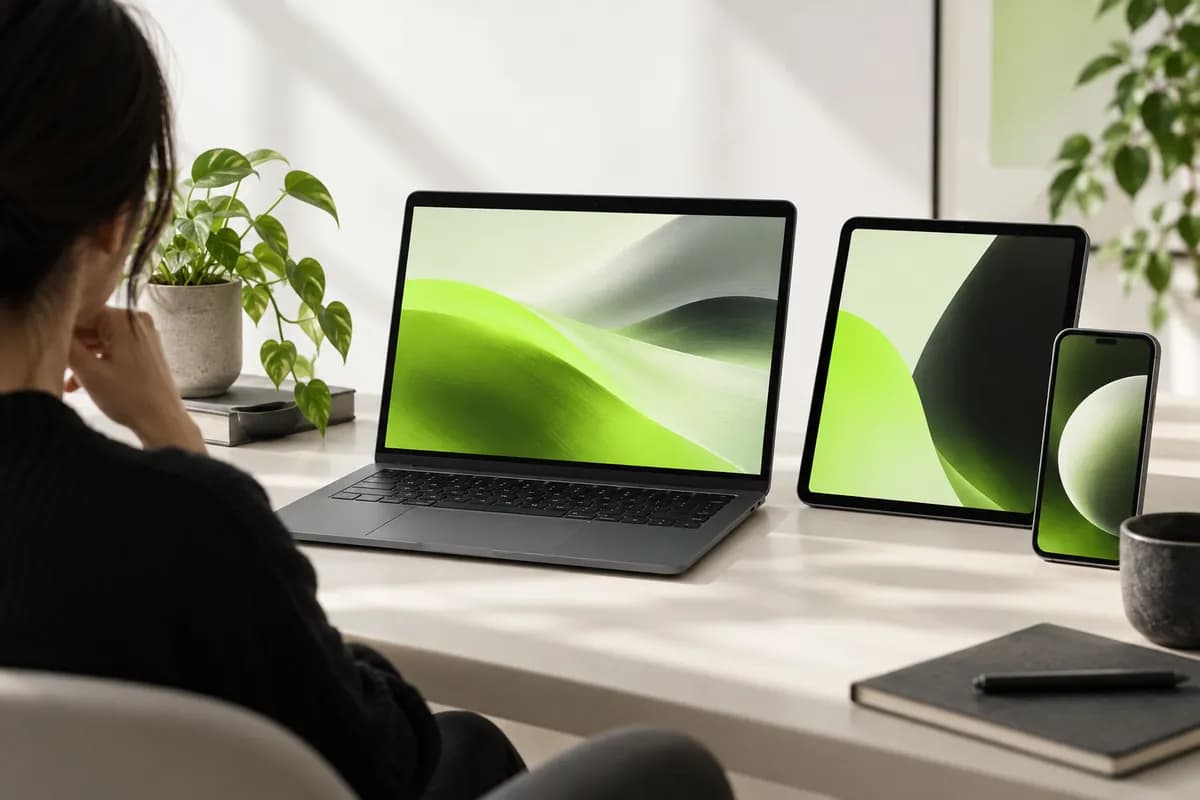 Abstract multi-device creative workspace showing a video project on a laptop, tablet, and phone