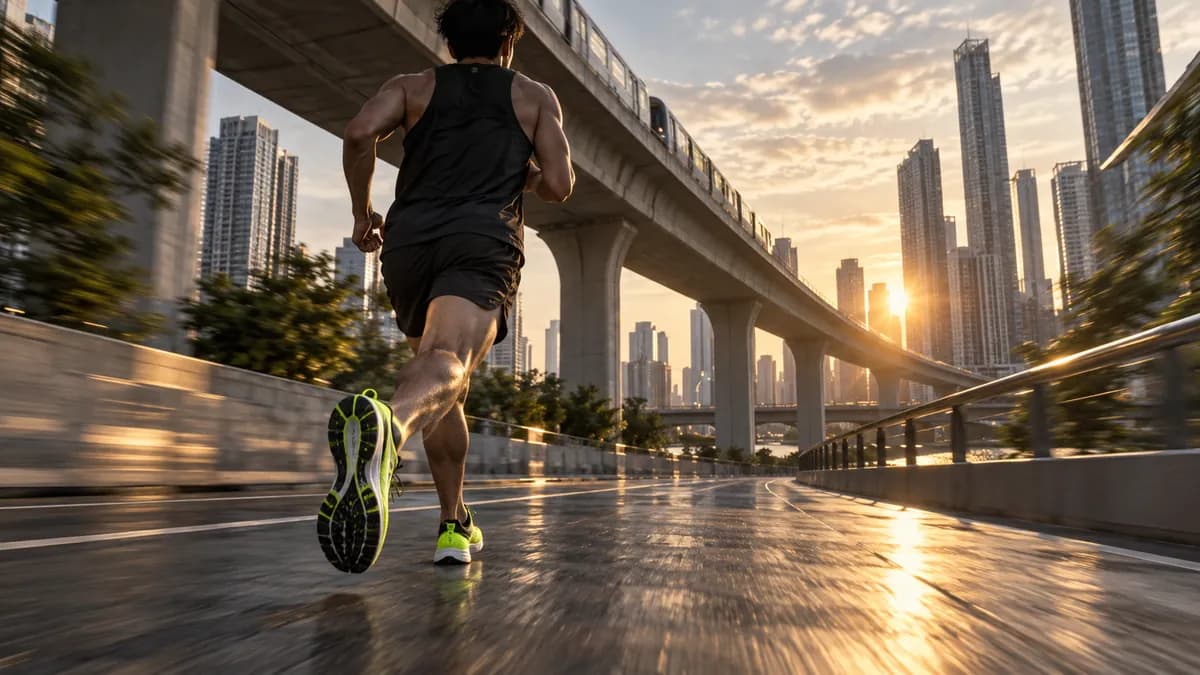 Cinematic rear-view scene of a runner moving through a modern city beneath elevated rail tracks