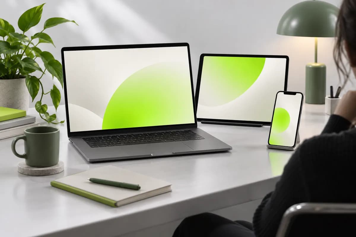 Abstract blank laptop, tablet, and phone arranged as a responsive video creation workspace