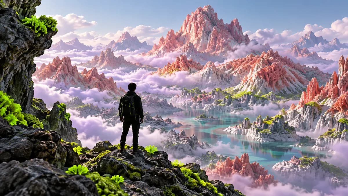 Surreal coral mountain landscape with an abstract presenter silhouette for an AI video demonstration