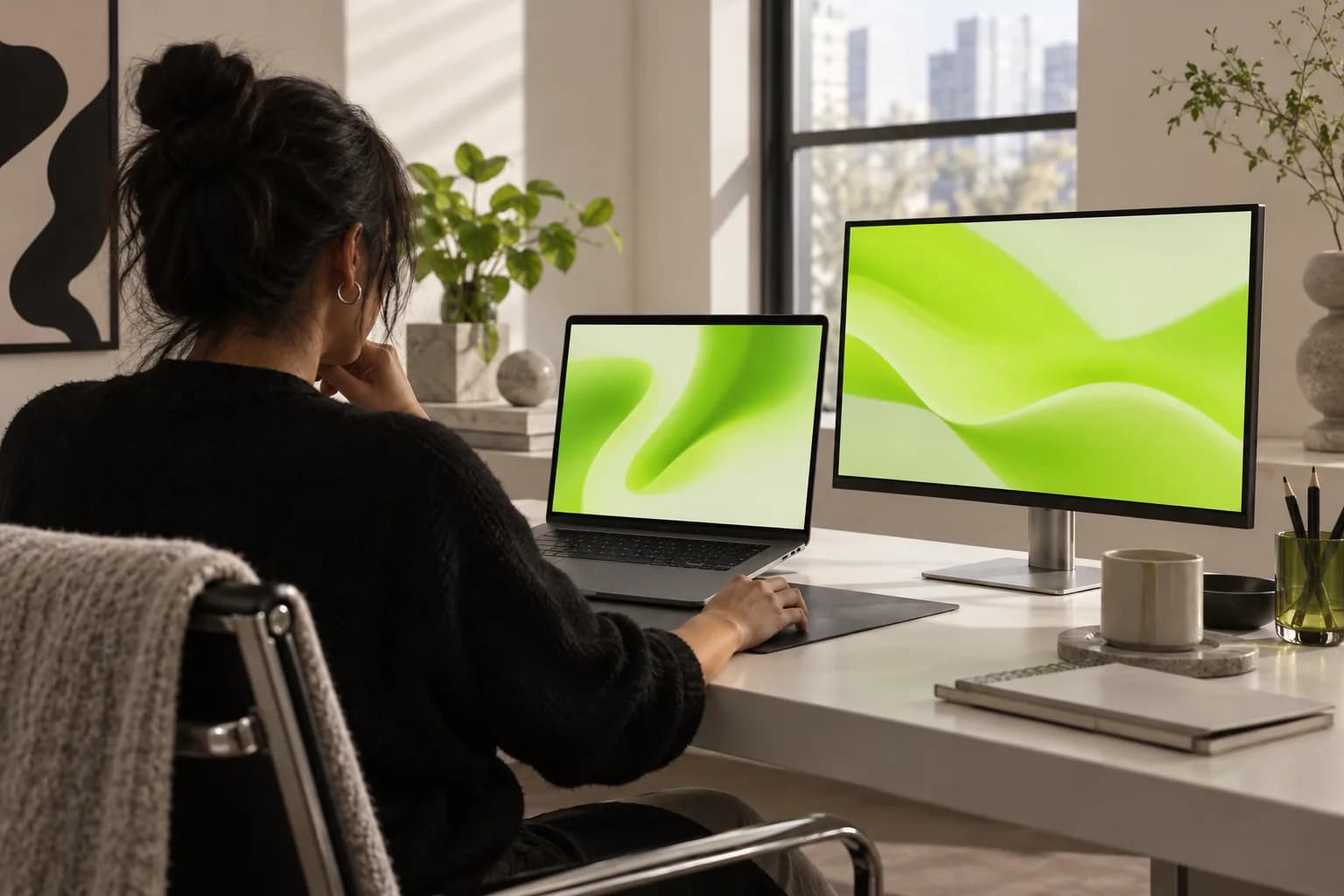 Abstract creator workspace with a laptop, monitor, and bright video-making materials on a neutral desk