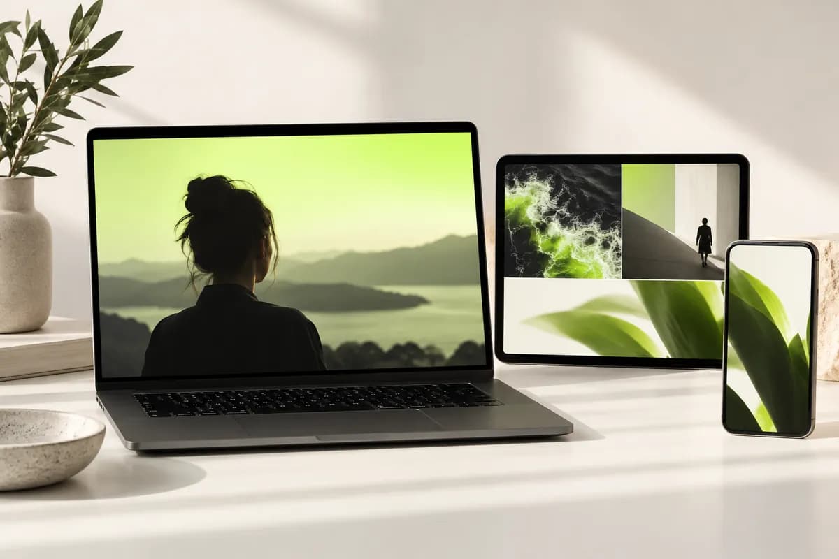Laptop, tablet, and smartphone displaying abstract video creation projects on clean neutral screens