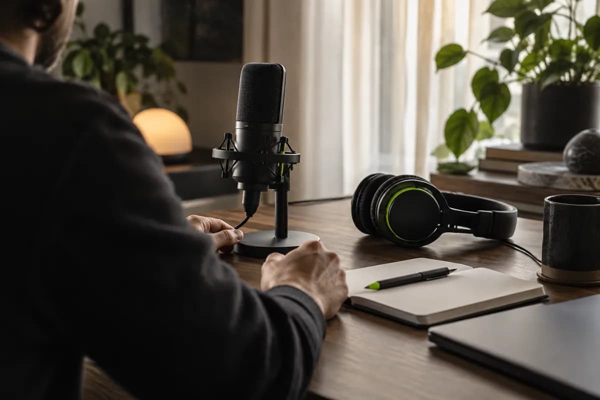 Close editorial view of a podcast recording setup with a microphone, desk, and soft studio light