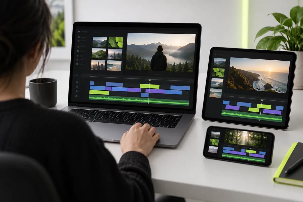 Vidione editing workspace displayed across a laptop, tablet, and phone