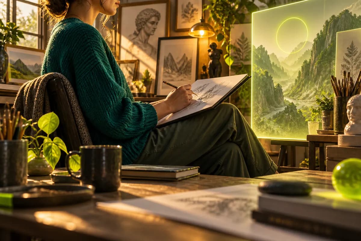 Artist seated in a warm studio while a generated video brief appears on screen