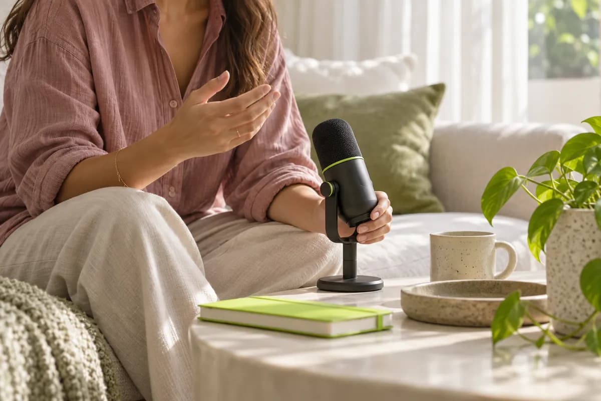 Cropped creator recording a voice sample with a handheld microphone