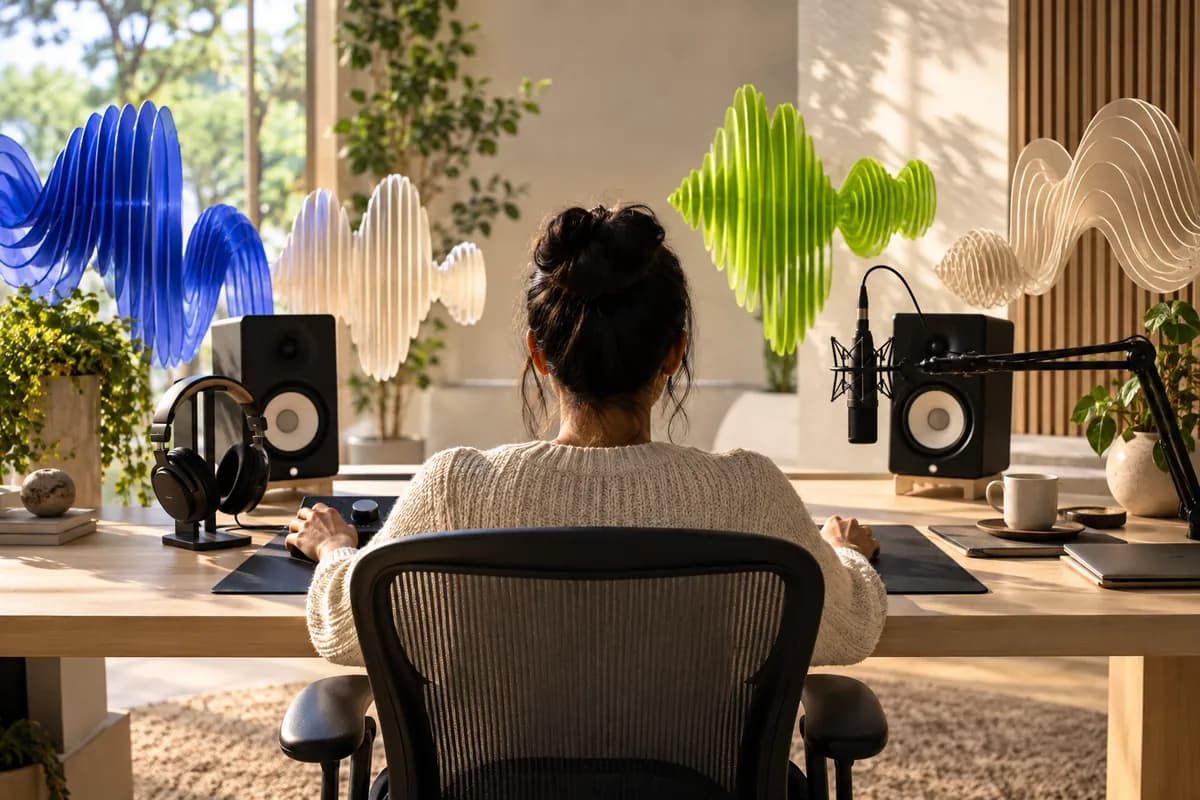 Creator seen from behind in a multilingual voice production studio