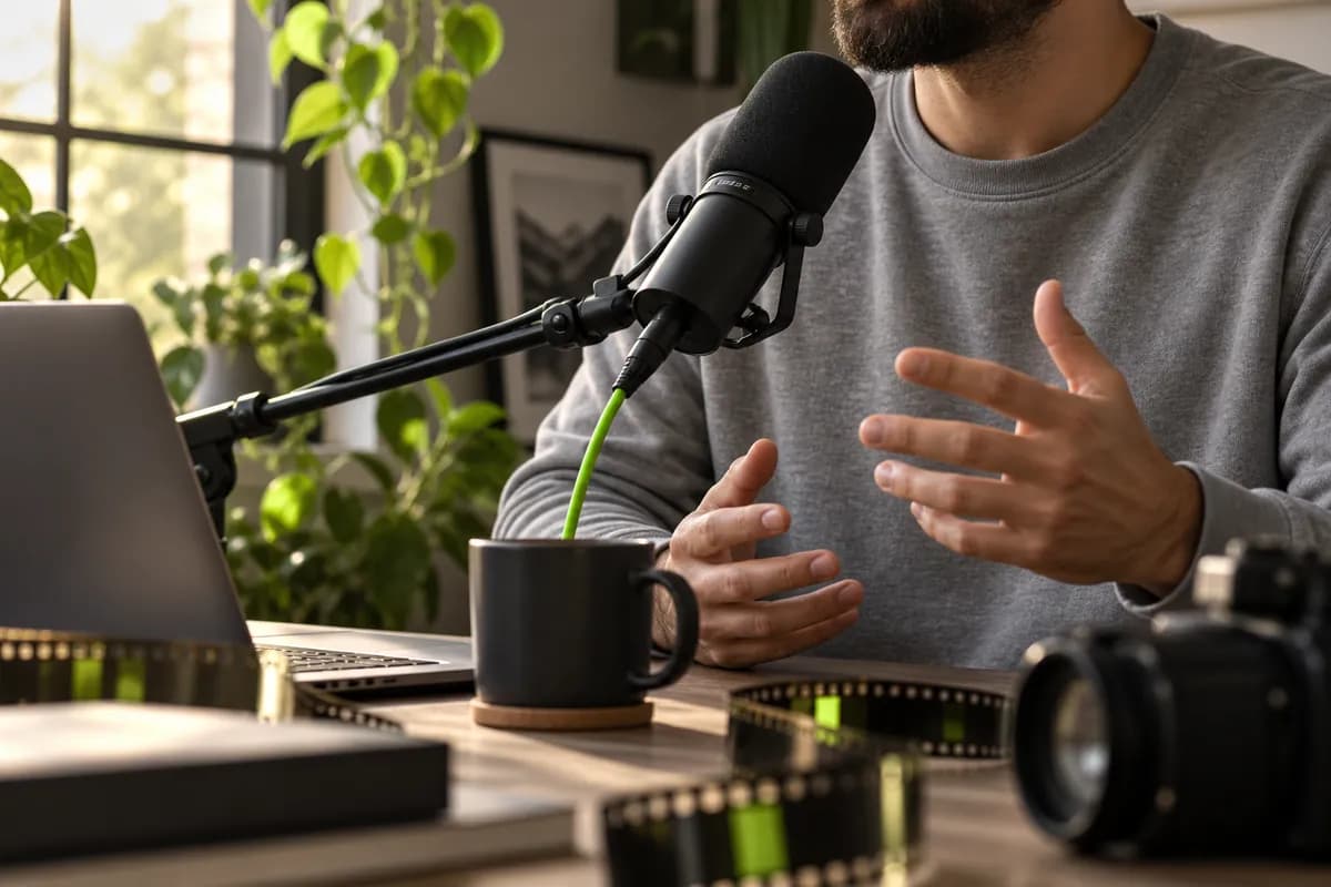 Creator cropped below the chin speaking into a studio microphone