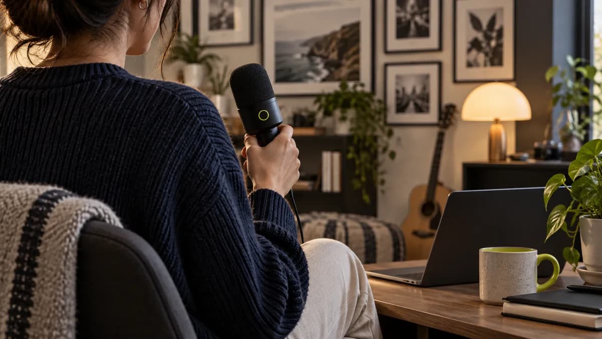 Cropped creator holding a microphone in a softly lit recording space