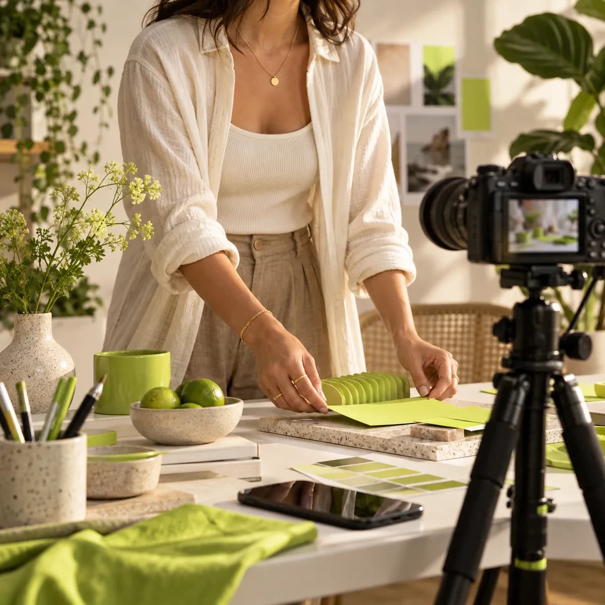 Warm editorial studio scene with a creator preparing a colorful video