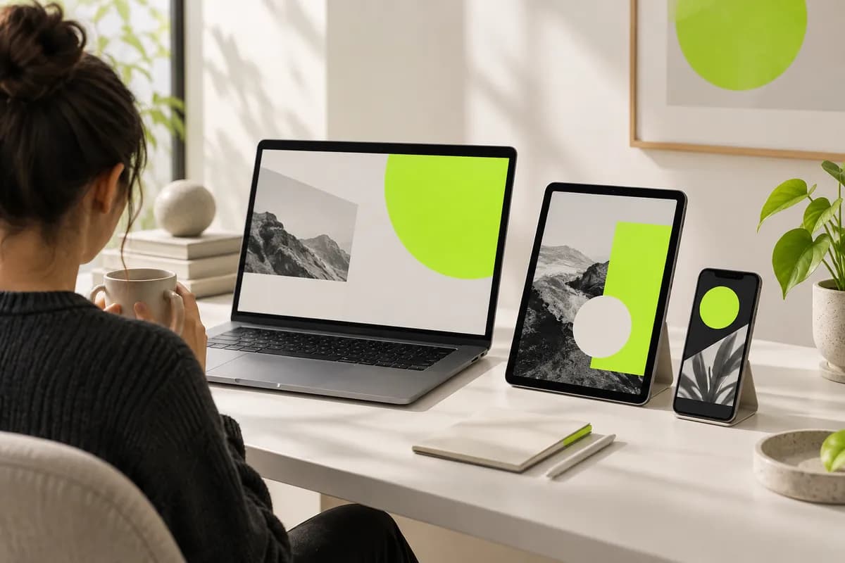 Laptop, tablet, and phone arranged together as an abstract video creation workspace
