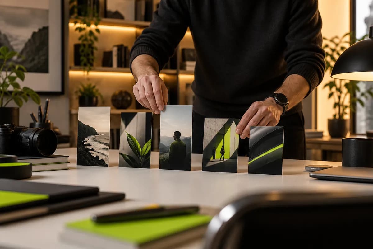 Abstract creative workspace with a person cropped below the chin preparing several vertical video clips