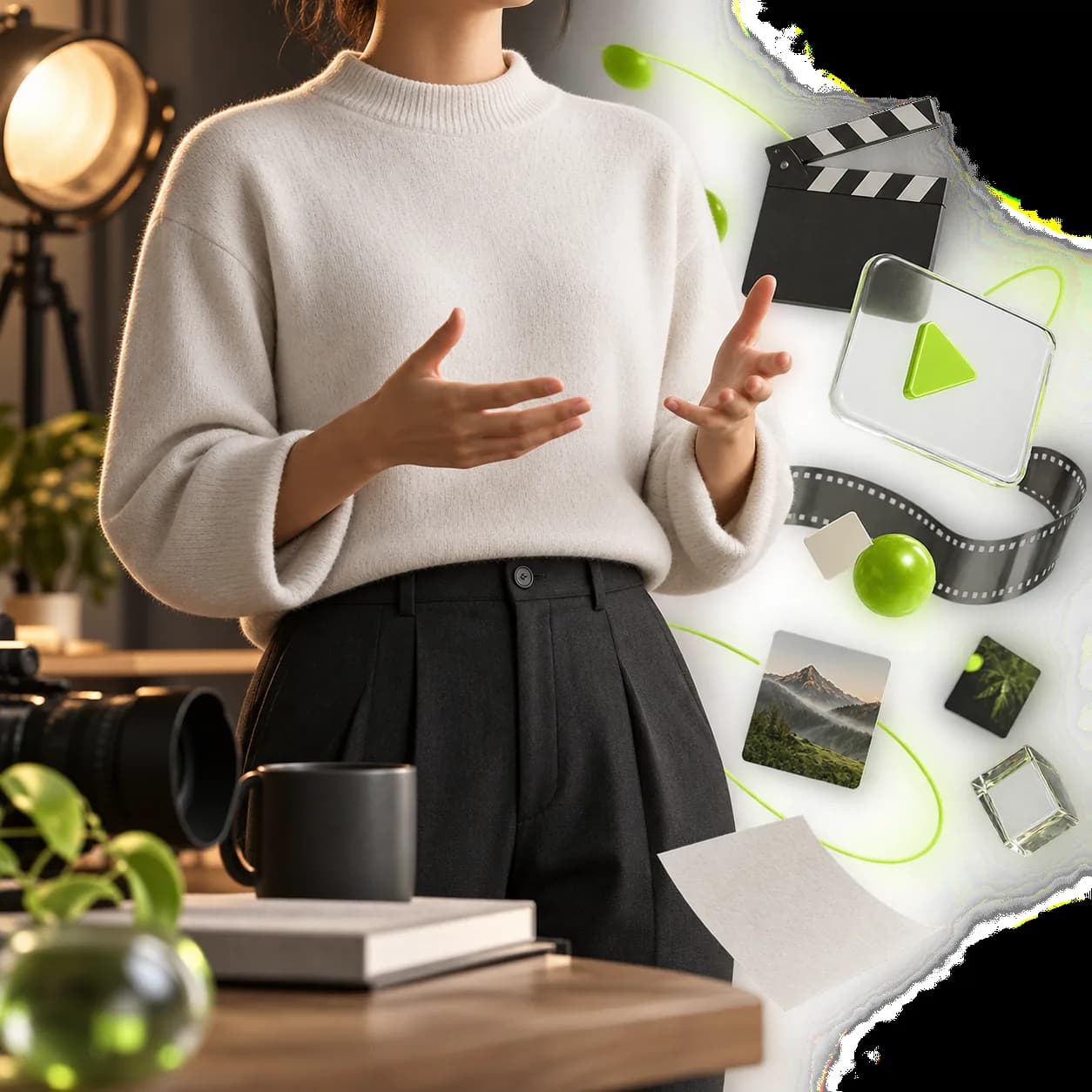 Abstract studio scene showing a video subject transitioning into a transparent background for a final call to action.