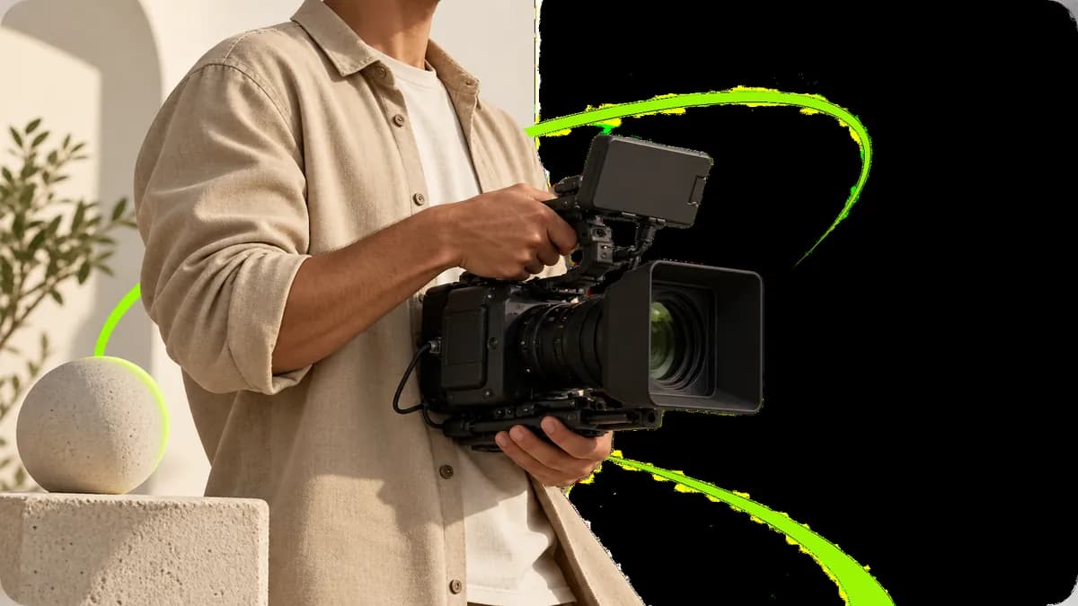 Abstract video frame showing a cropped creator figure beside a transparent checkerboard field and a 4K badge.