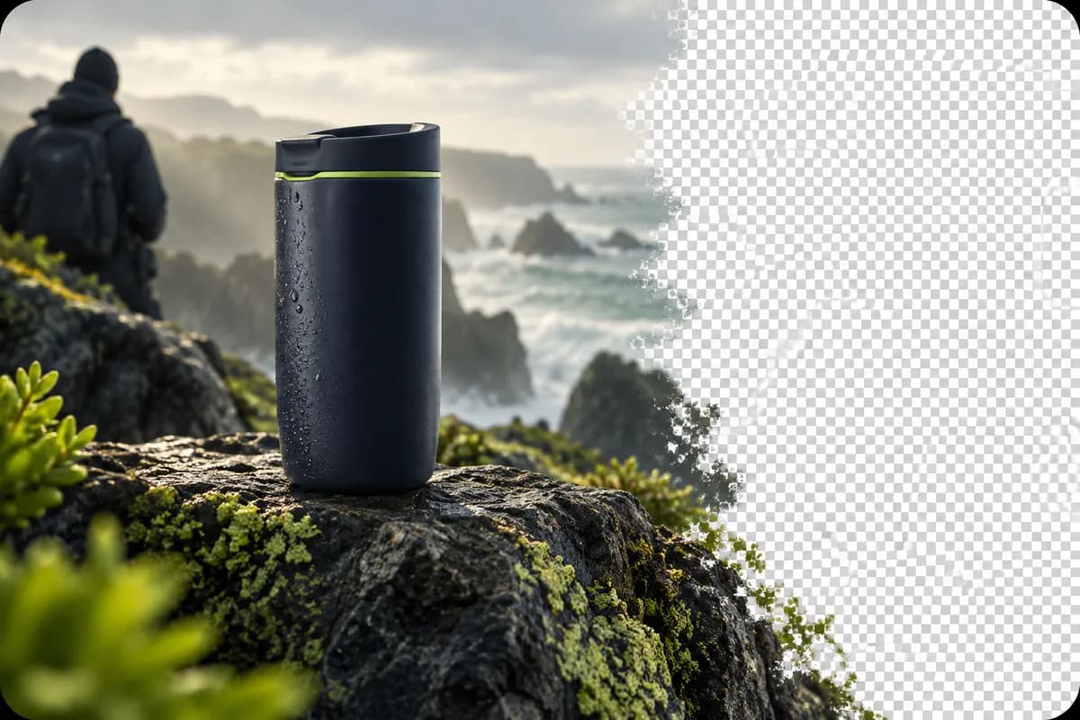 Dark ceramic product on a rocky landscape transitioning into a transparent checkerboard field.
