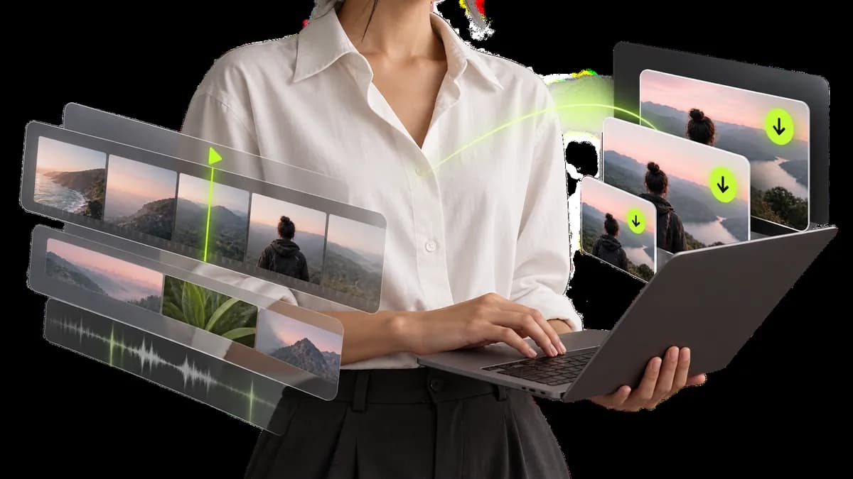 Cropped presenter figure on a transparent checkerboard with abstract export files arranged nearby.