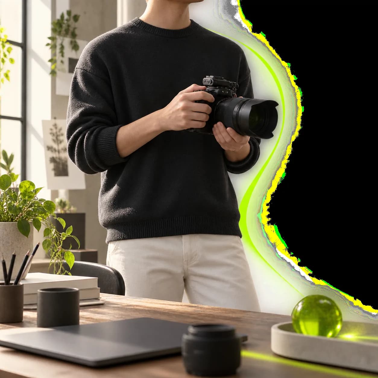 Abstract studio scene showing video background removal with a subject transitioning into a transparent checkerboard field.