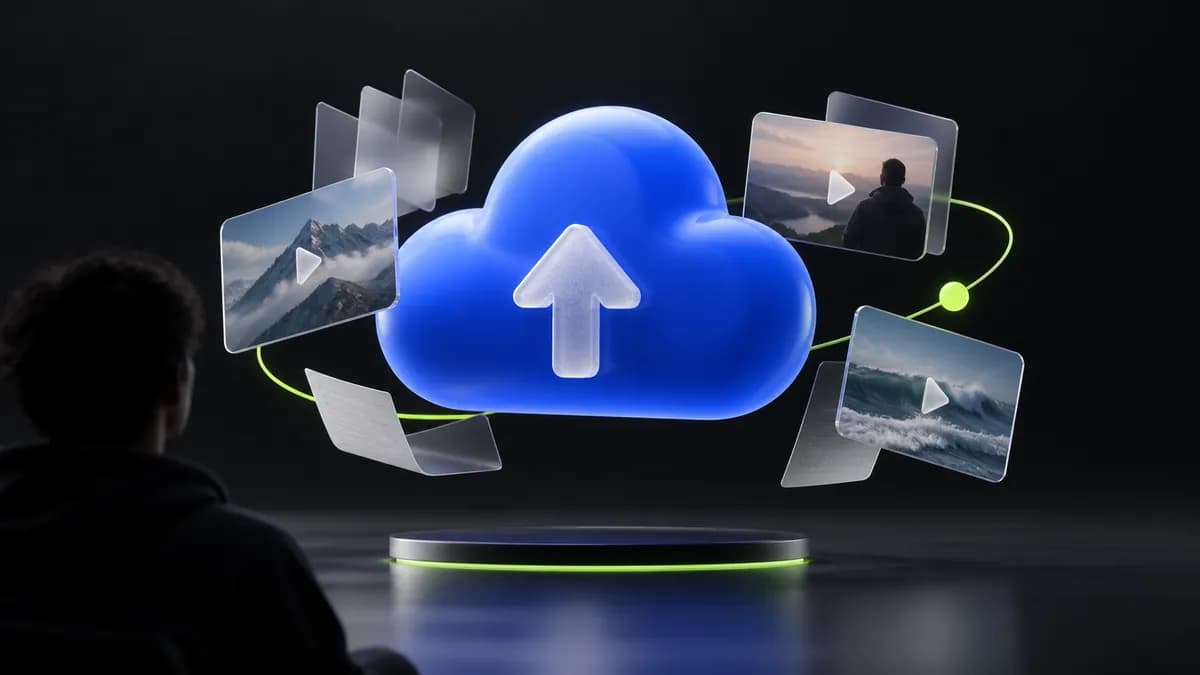 Abstract cloud and upload symbol representing a video being sent to the API.