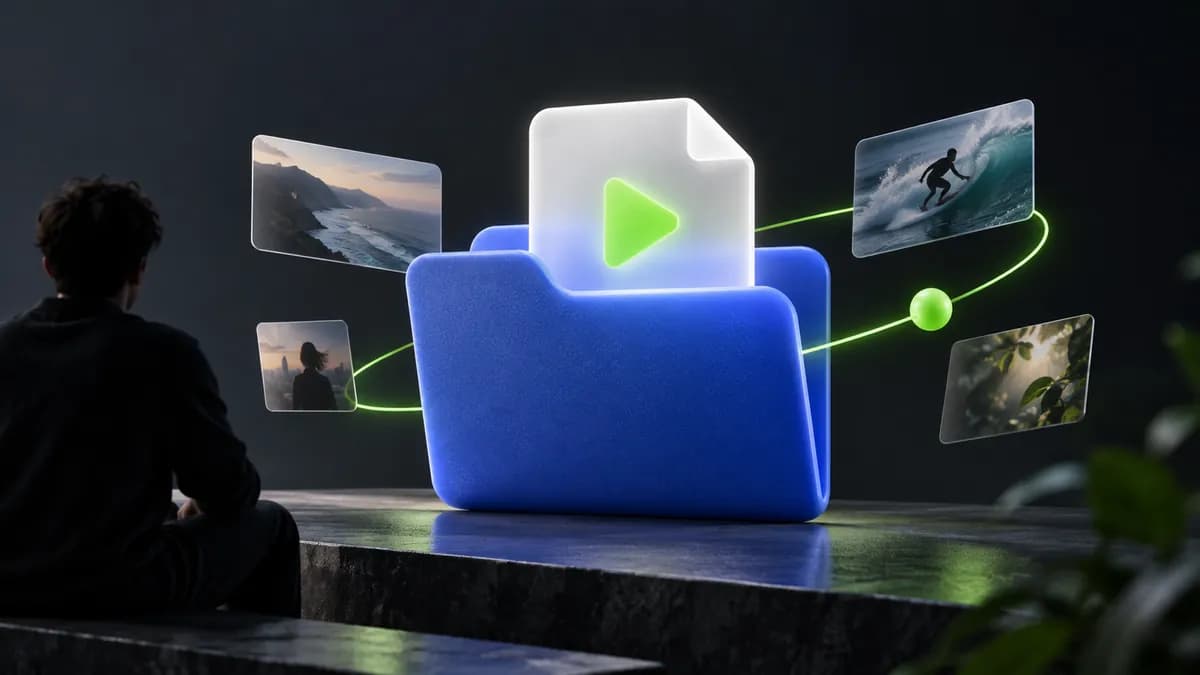 Abstract folder and finished file symbol representing a processed video ready to download.